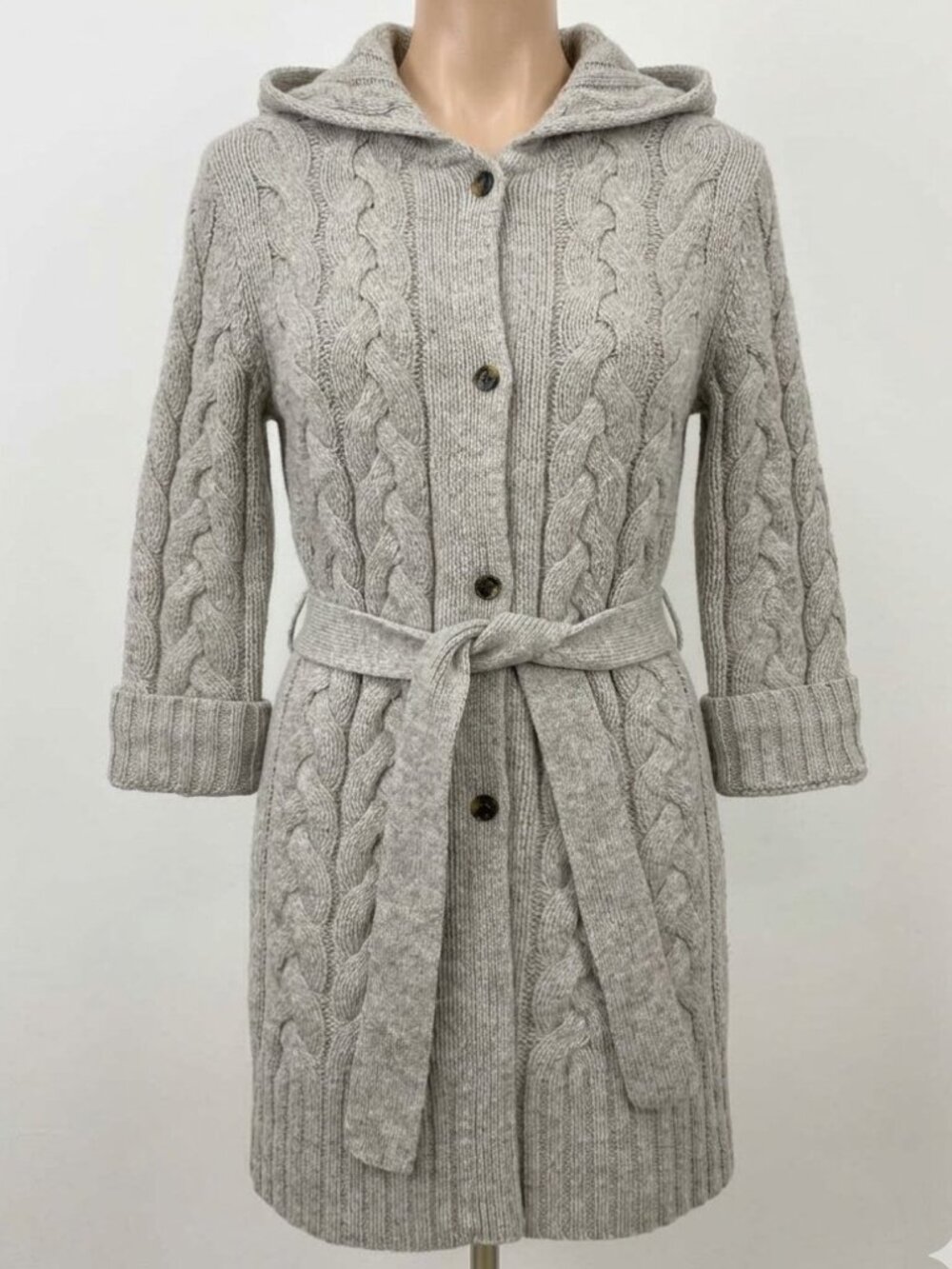 Gant Gray Wool Cable Knit Button Belted Cardigan Sweater Coat Women's M